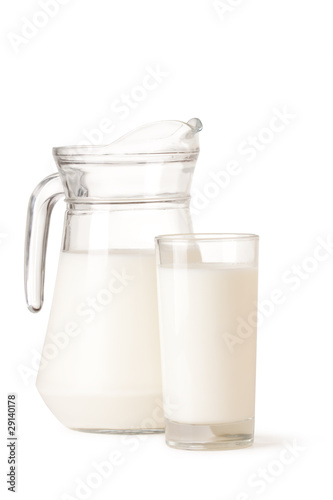 Glass and jar of milk on a white background.