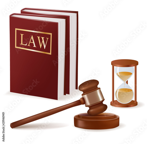 Judge gavel and law books and sandglass. Vector.