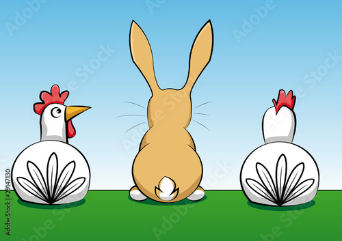 Hase mit zwei Hühnern