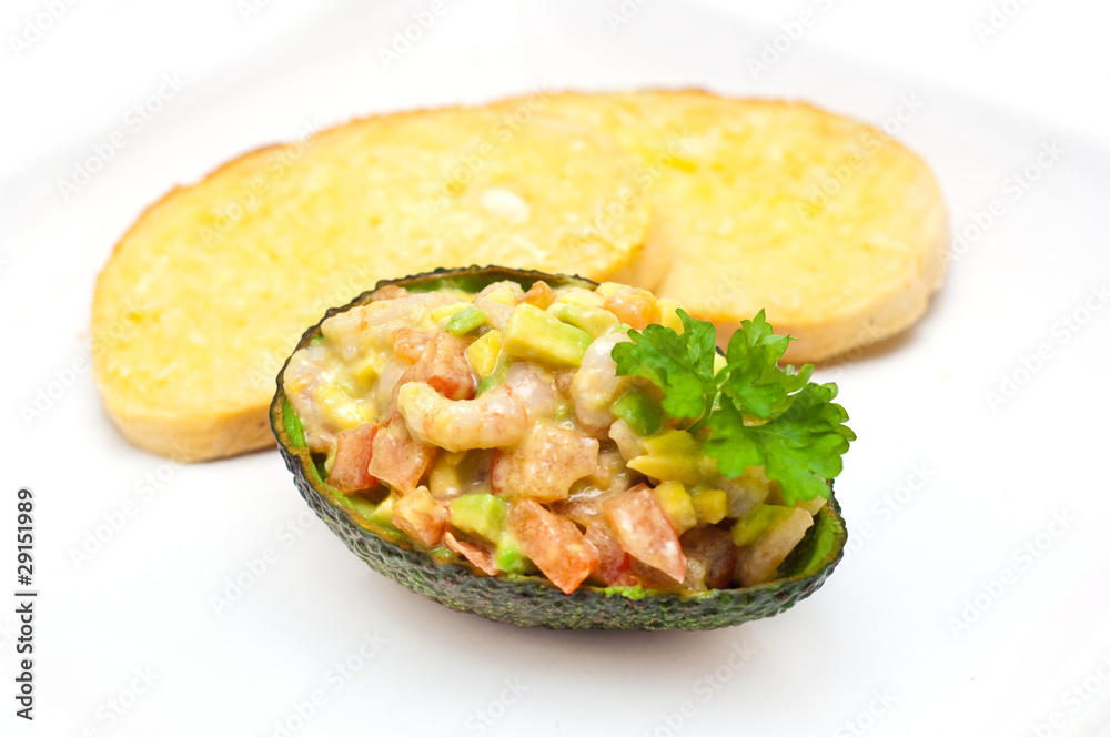 prawn with avocado salad served with garlic bread prawn with avocado salad served with garlic bread