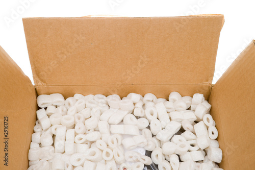 Looking into Box Styrofoam Packing Peanuts, Isolated Background