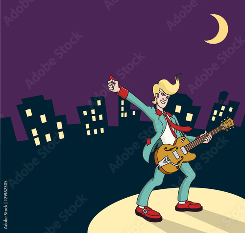 Rockabilly guitarist with city skyline photo