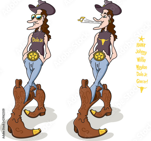 Strutting Cowboy with two faces and seven t-shirt slogans