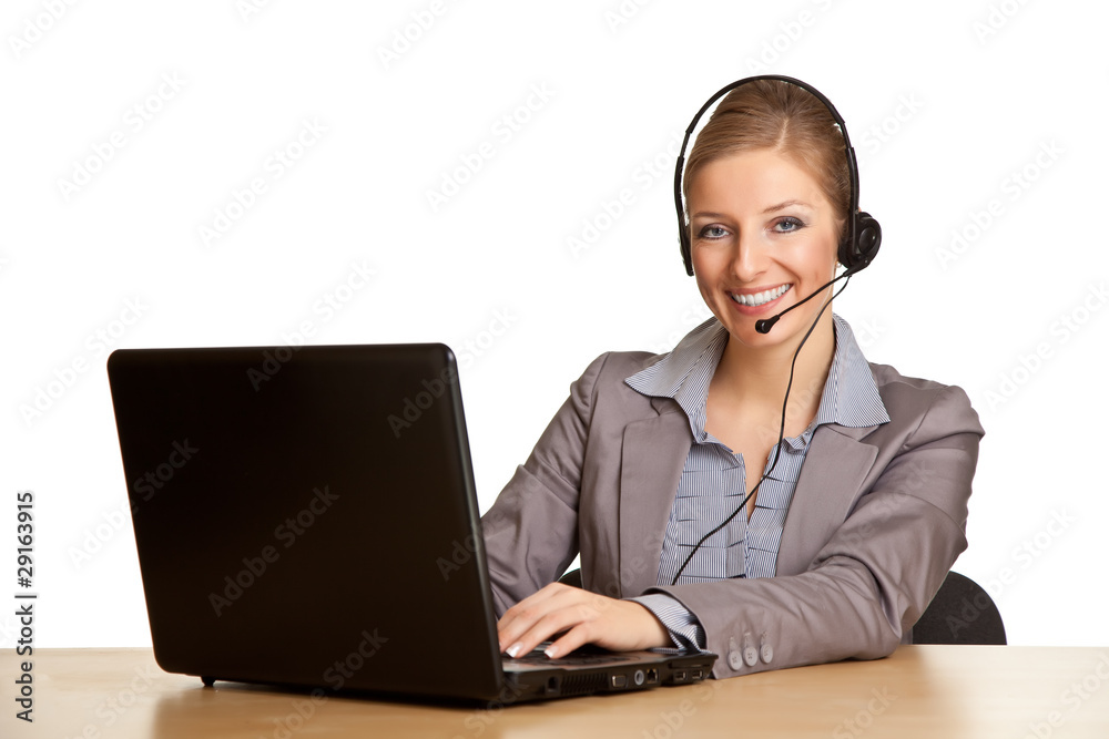 Woman in formal suit with headset isolated on white Woman in formal suit with headset isolated on white