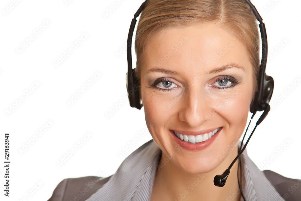 Woman in formal suit with headset isolated on white Woman in formal suit with headset isolated on white