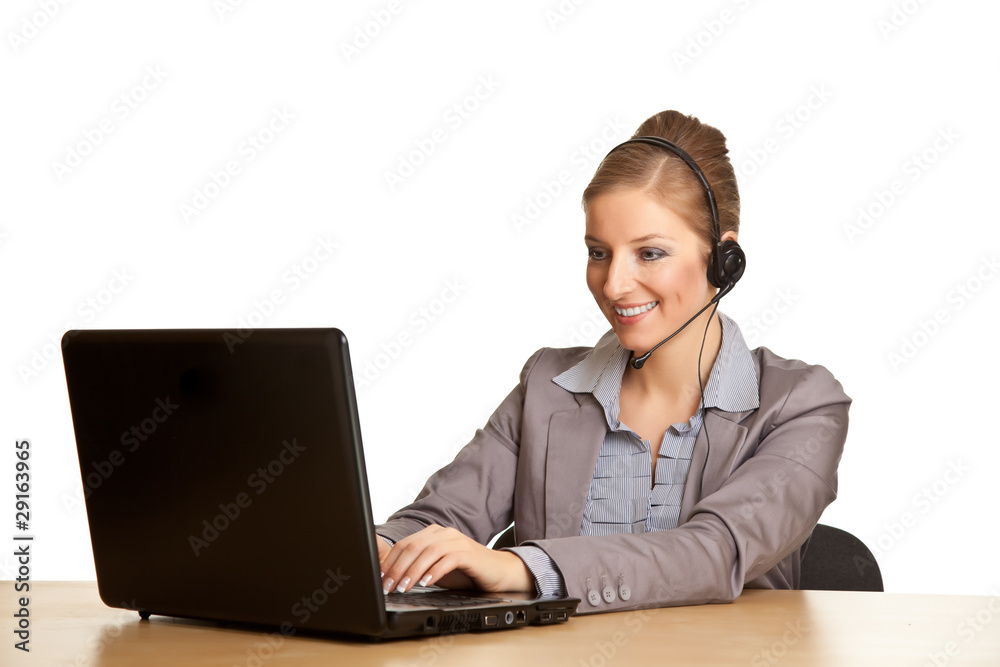 Woman in formal suit with headset isolated on white Woman in formal suit with headset isolated on white