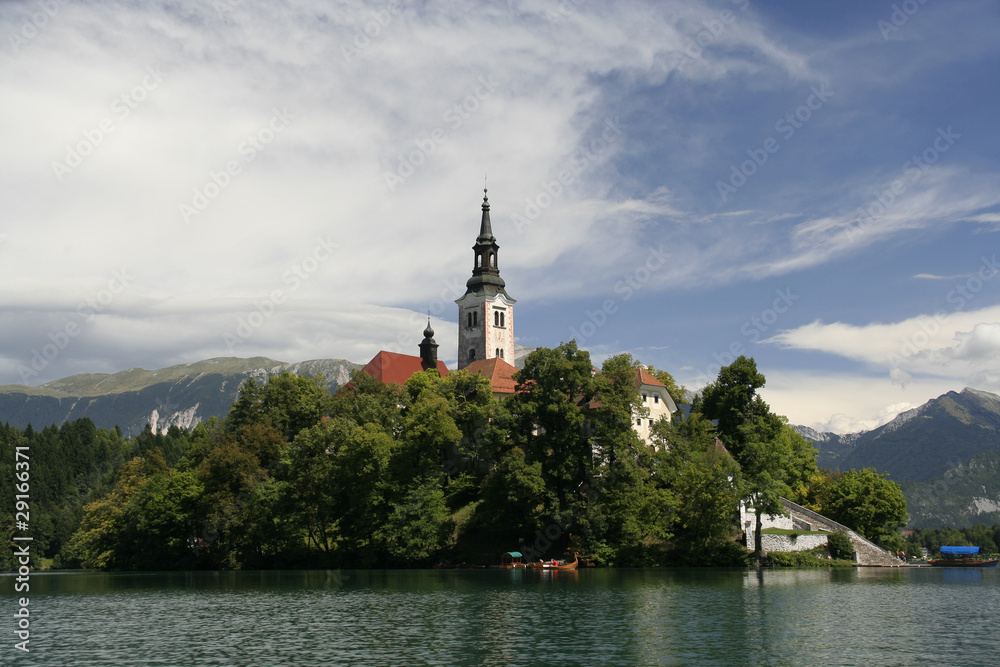 Bled lake, island, castle, church and mountains, Bled, Slovenia
