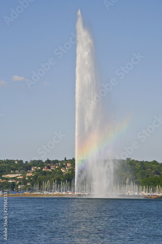 Jet d'eau with rainbow, on Lake Geneva in Geneva Switzerland
