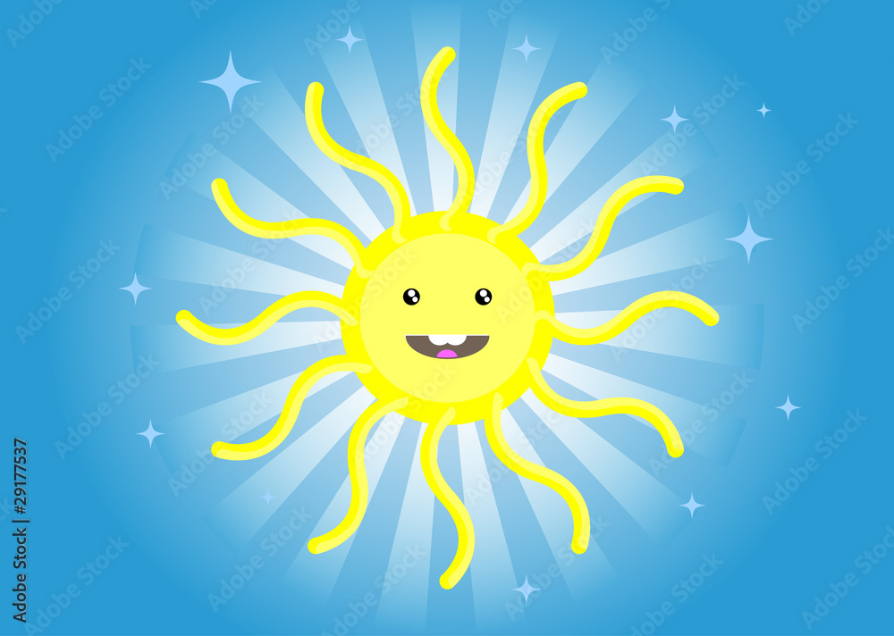 Funny cartoon sun smiling in blue sky