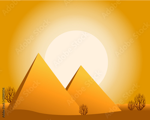 vector illustration of a desert with sun  pyramids  bushes.