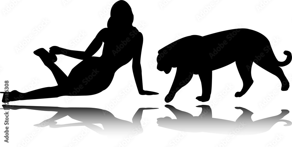 girl and tiger with reflection - vector girl and tiger with reflection - vector