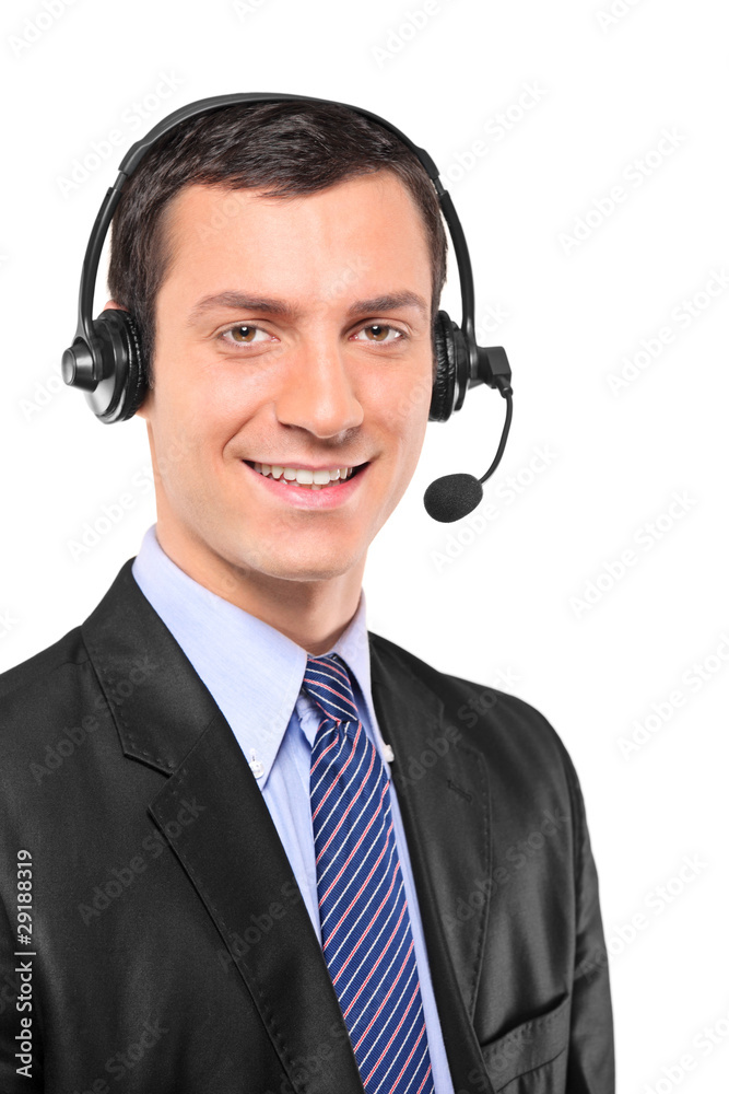 Portrait of a young customer service operator wearing a headset Portrait of a young customer service operator wearing a headset