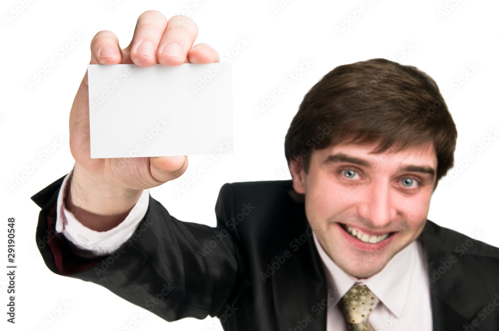 cheerful man with business card cheerful man with business card