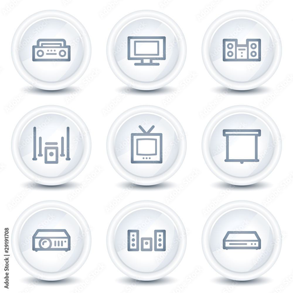 Audio video web icons, white glossy circle buttons