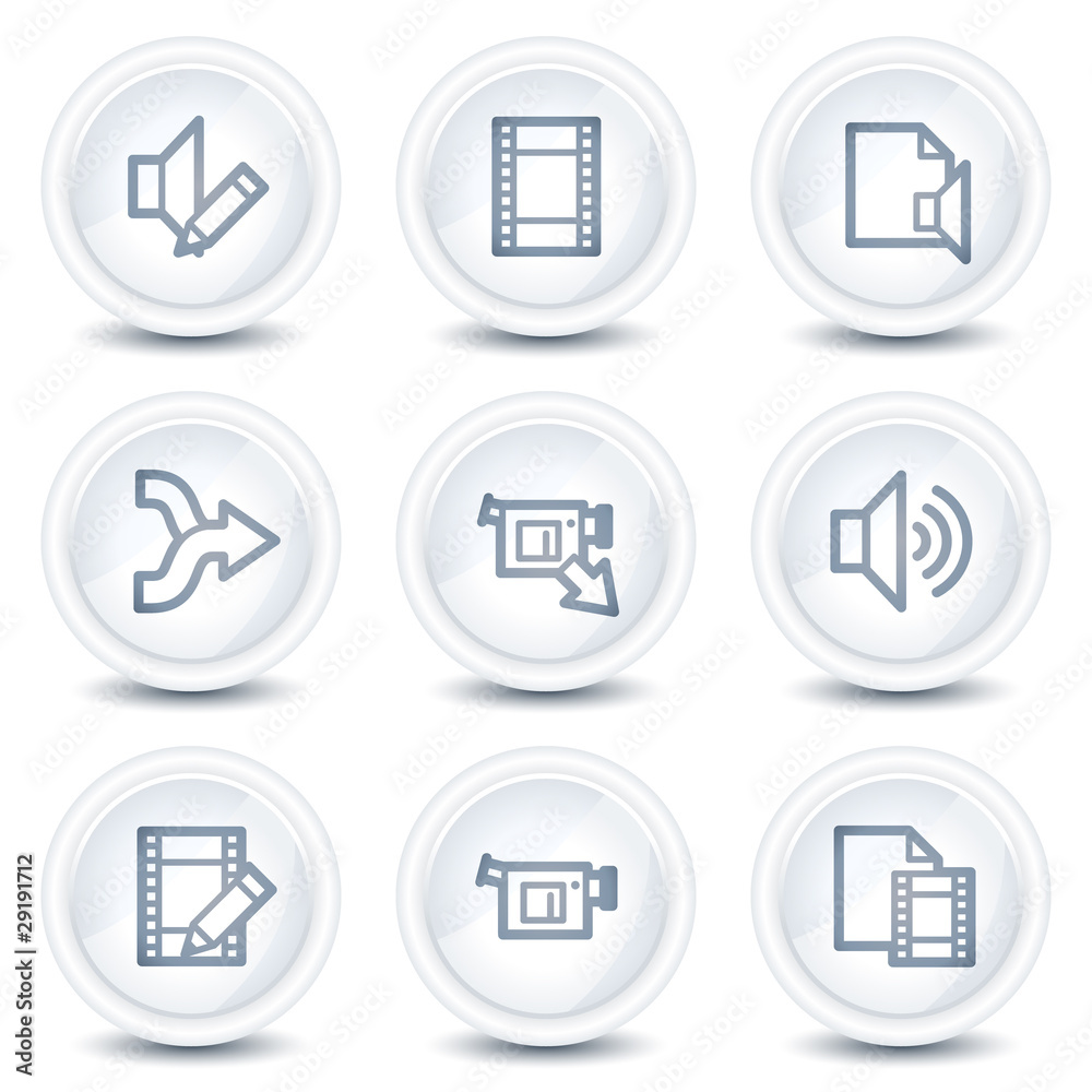 Audio video edit web icons, white glossy circle buttons Audio video edit web icons, white glossy circle buttons
