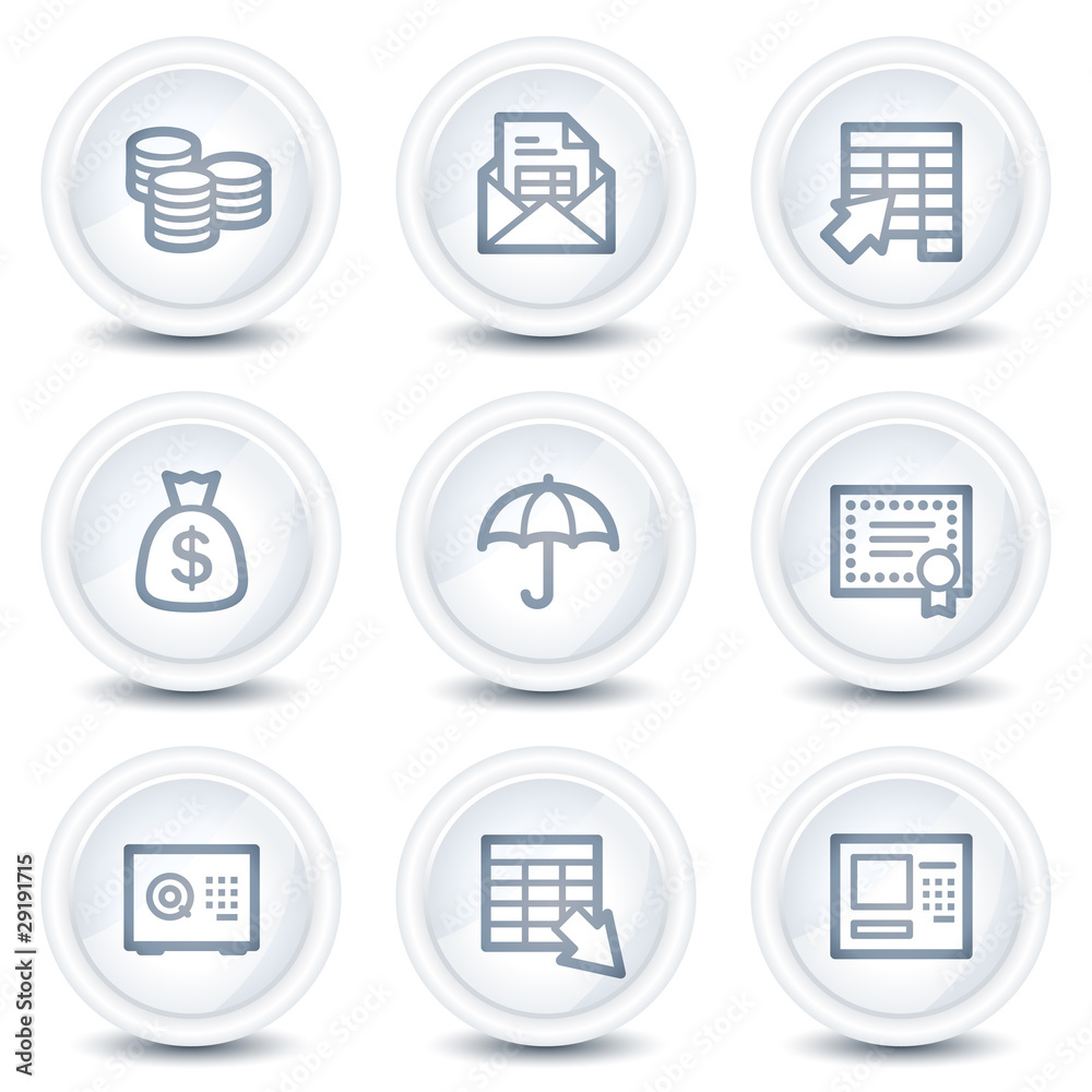 Banking web icons, white glossy circle buttons Banking web icons, white glossy circle buttons