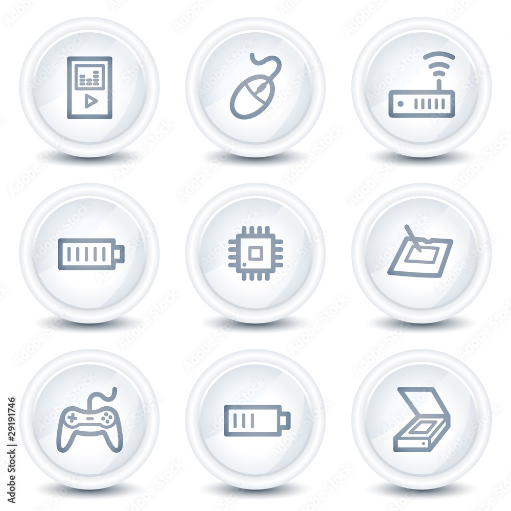 Electronics web icons set 2, white glossy circle buttons Electronics web icons set 2, white glossy circle buttons