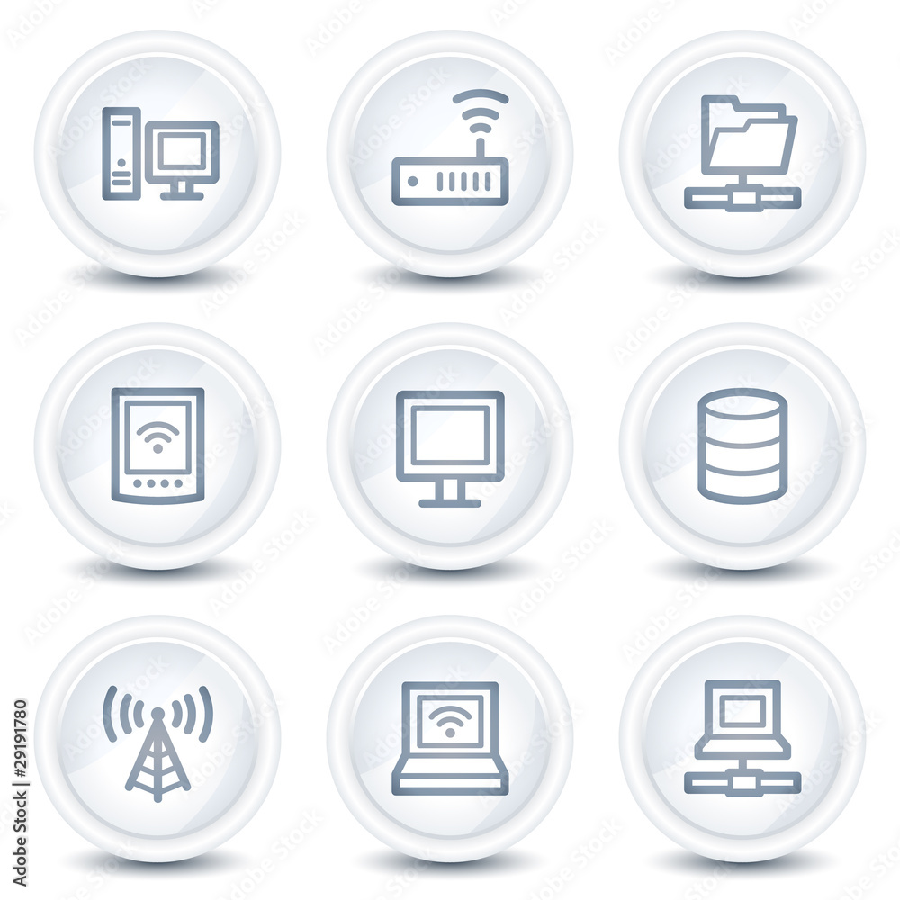 Network web icons, white glossy circle buttons Network web icons, white glossy circle buttons
