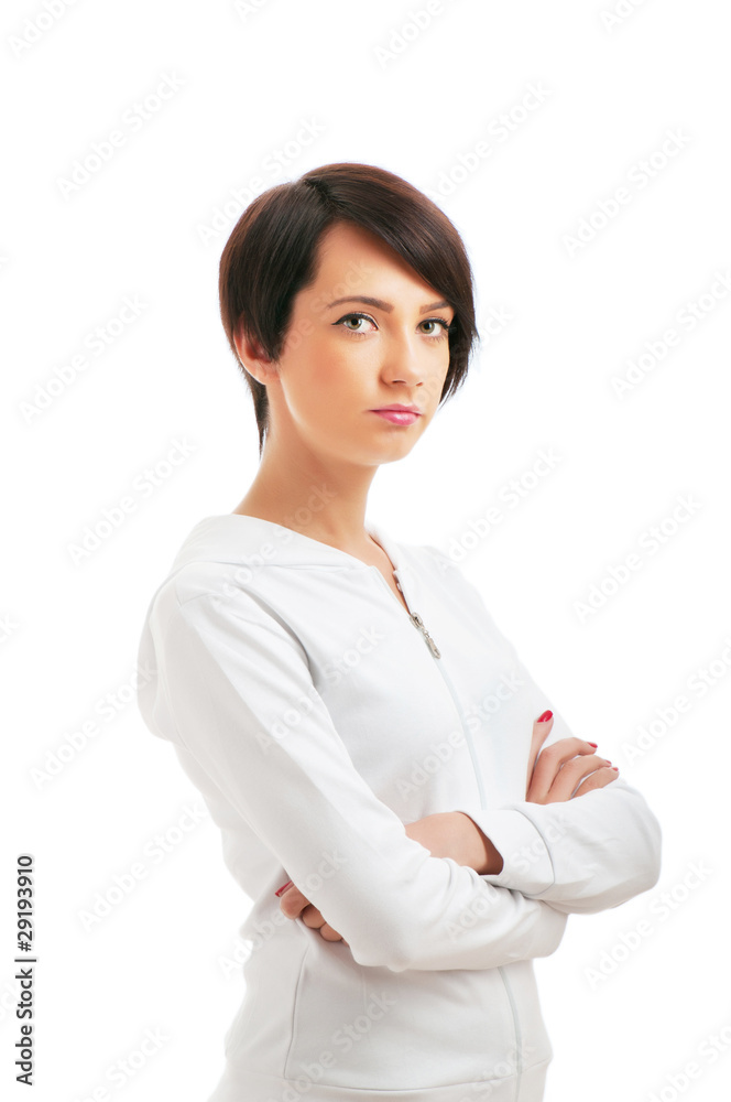 Young female in sporting clothing isolated on white Young female in sporting clothing isolated on white