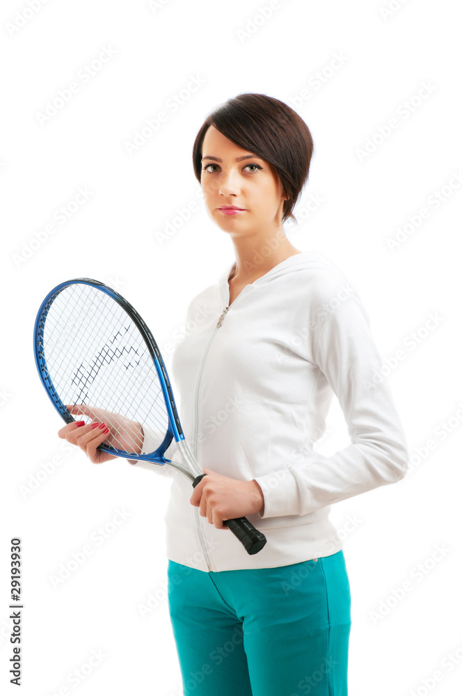 Young girl with tennis racket and bal isolated on white Young girl with tennis racket and bal isolated on white