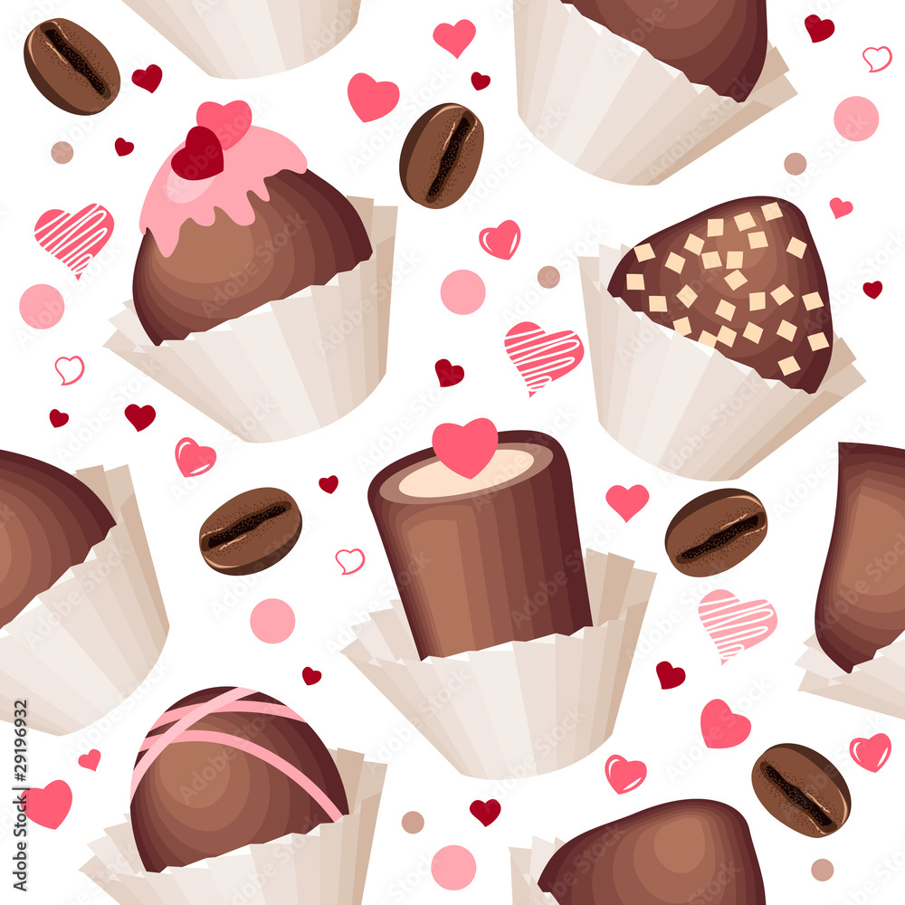 Seamless pattern with chocolates and red hearts