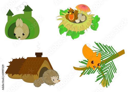 cute cartoon forest animals: hare, bird, hedgehog, squirrel