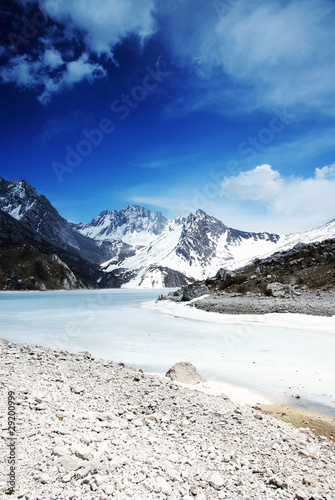 snow mountain and frozen lake