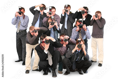 many photographers paparazzi double twelve group with cameras photo