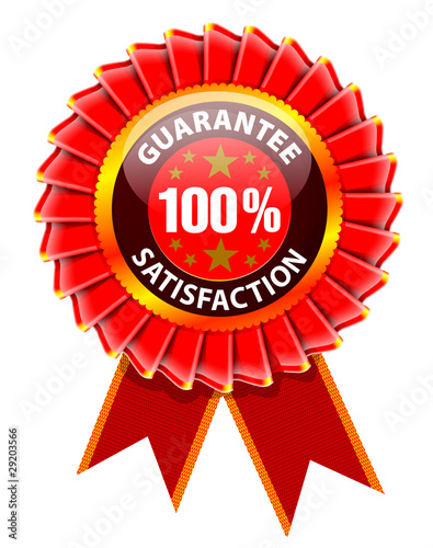 Vector red awarard rosette label with ribbons.