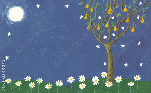 Meadow and pear tree in the night