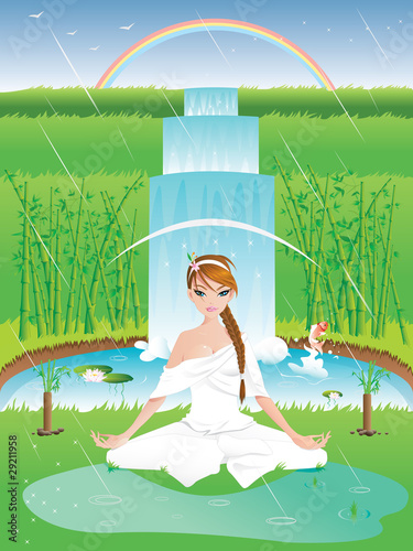 Woman practicing yoga on a rainy day