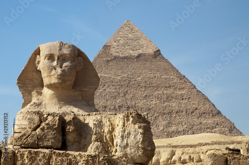 Sphinx and pyramid of Keops in Giza photo