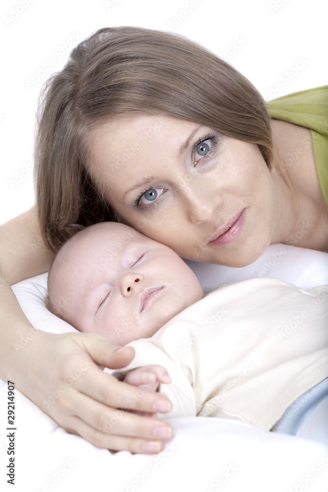 Woman with 2 month baby, Isolated over white background Woman with 2 month baby, Isolated over white background