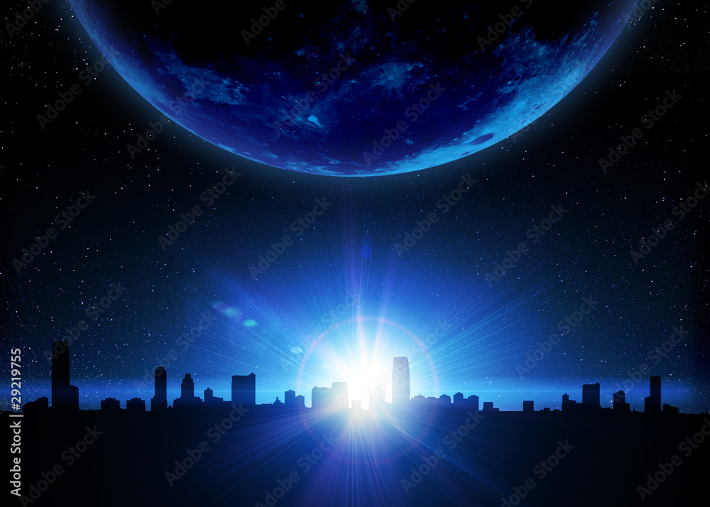 Skyline and planet with sunrise in space