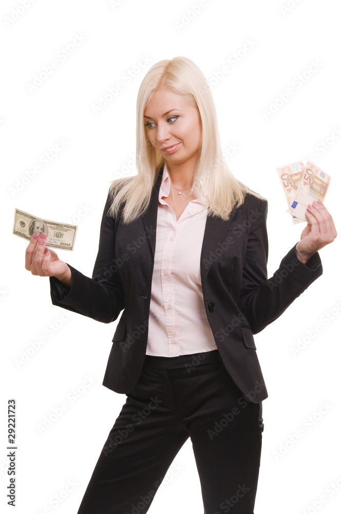 Young business woman holding euro in one hand and dollars in ano Young business woman holding euro in one hand and dollars in ano