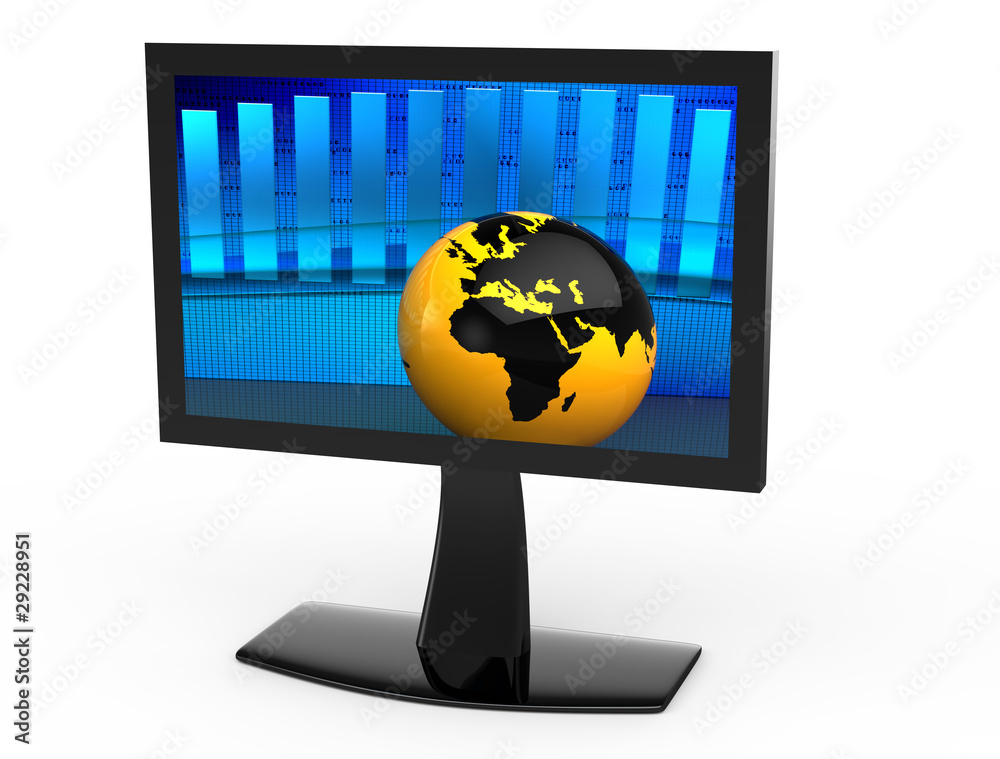 An orange globe in the background blue graph on the screen An orange globe in the background blue graph on the screen