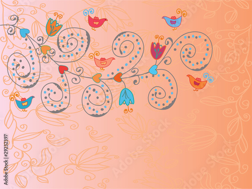 Romantic valentine background with flowers and birds