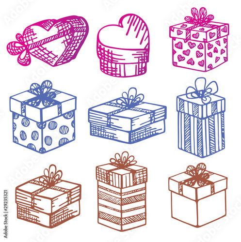 Set of vector Gift boxes. Doodle.