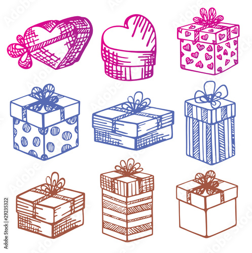 Set of vector Gift boxes. Doodle.