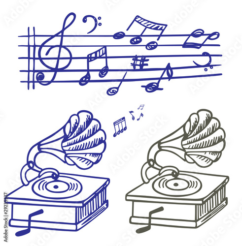 Set of vector music note and gramophone doodle.