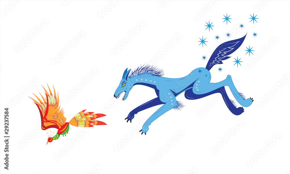 Fototapeta premium Wolf and bird or winter and autumn.