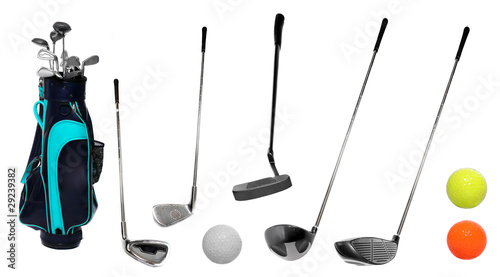 Set of golf clubs and bag with balls. photo