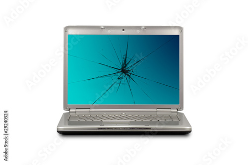 Computer with damaged screen. Isolated on white background