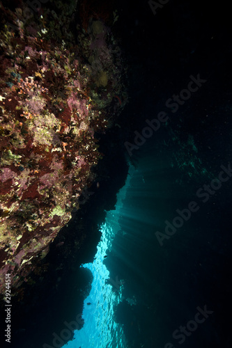 Sun rays and coral reef in the Red Sea.