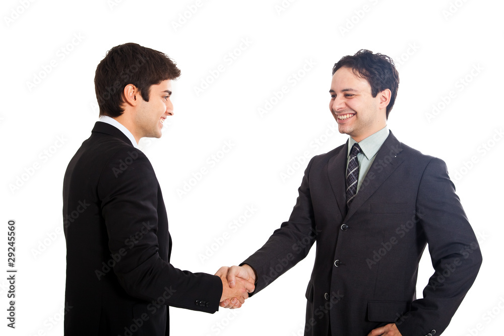Two businessmen hands handshake isolated on white Two businessmen hands handshake isolated on white