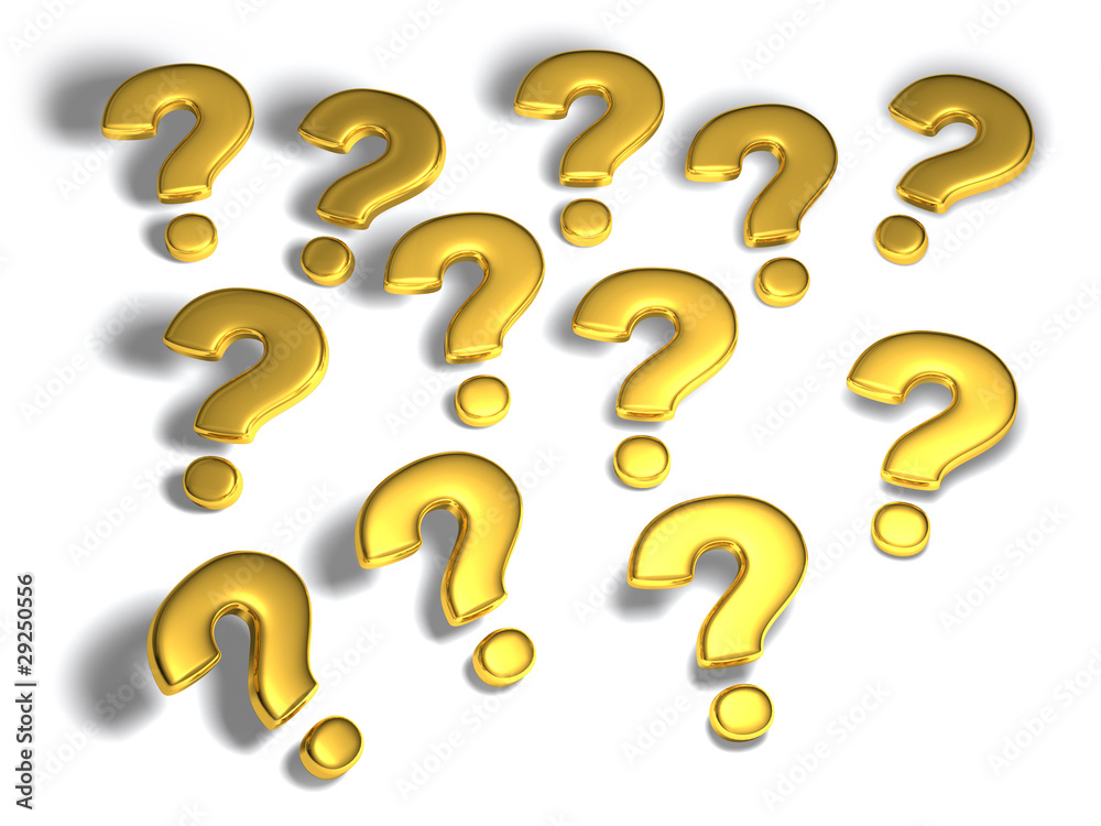 Gold question marks on a white background with soft shadows Gold question marks on a white background with soft shadows