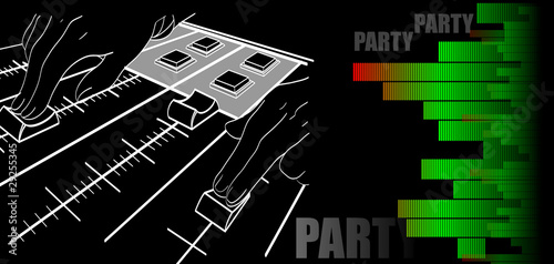 Hands of the DJ over a mixer panel. A background for a party. An
