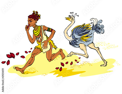 RUNNING AFRICAN BOY WIHT OSTRICH BIRD
