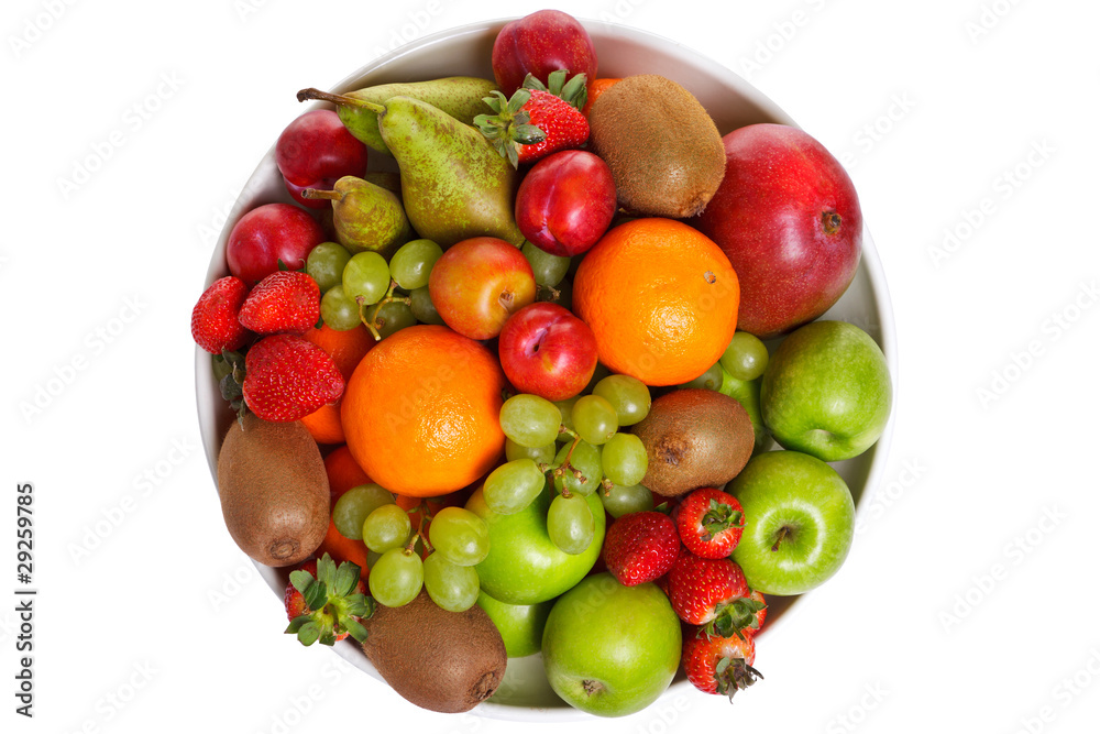 Bowl of fresh fruit isolated on white