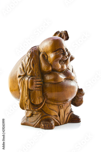 wood craft of old man smiling and carrying the gold bag